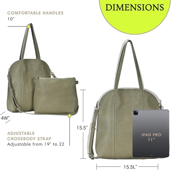 Tote Bag with Removable Zipper Pouch for Women Vegan Leather Handbag Purse OLIVE - Picture 3 of 6